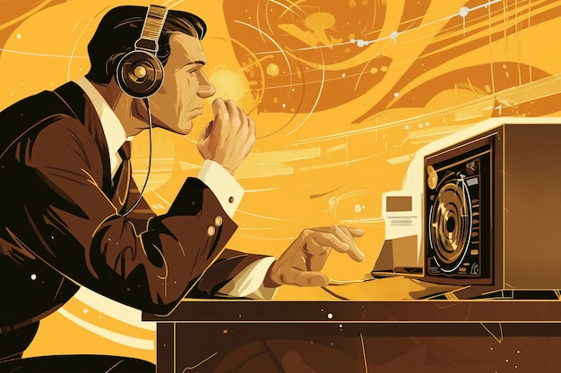 Ilustração de arte digital retro de uma pessoa usando tecnologia de rádio