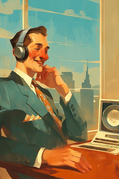 Foto grátis ilustração de arte digital retro de uma pessoa usando tecnologia de rádio