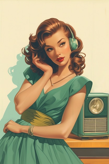 Ilustração de arte digital retro de uma pessoa usando tecnologia de rádio
