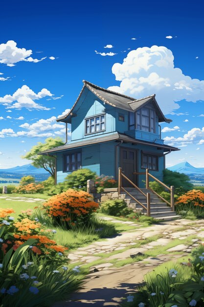 Ilustração de casa de campo de anime