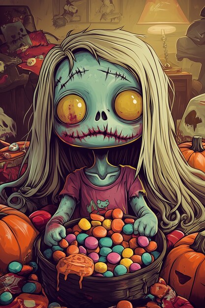 Ilustração de cena de Halloween em estilo anime