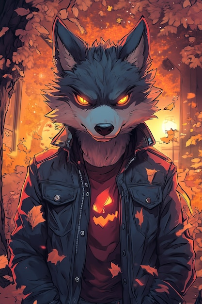 Ilustração de cena de Halloween em estilo anime
