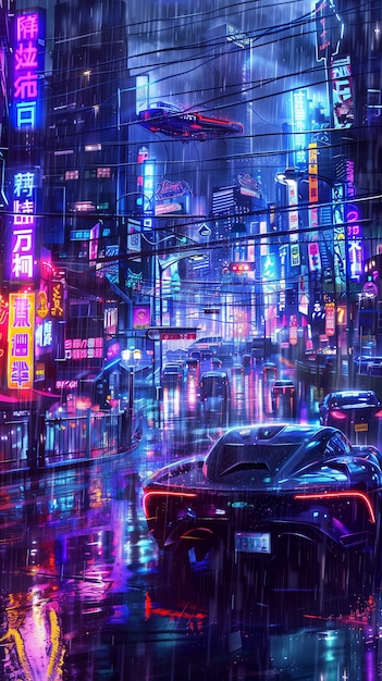 Ilustração de chuva na cidade futurística