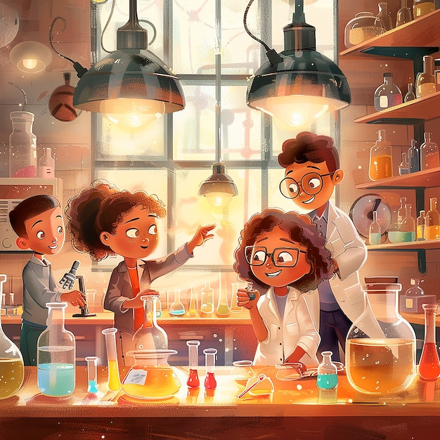 Ilustração de desenho animado de laboratório de química para crianças