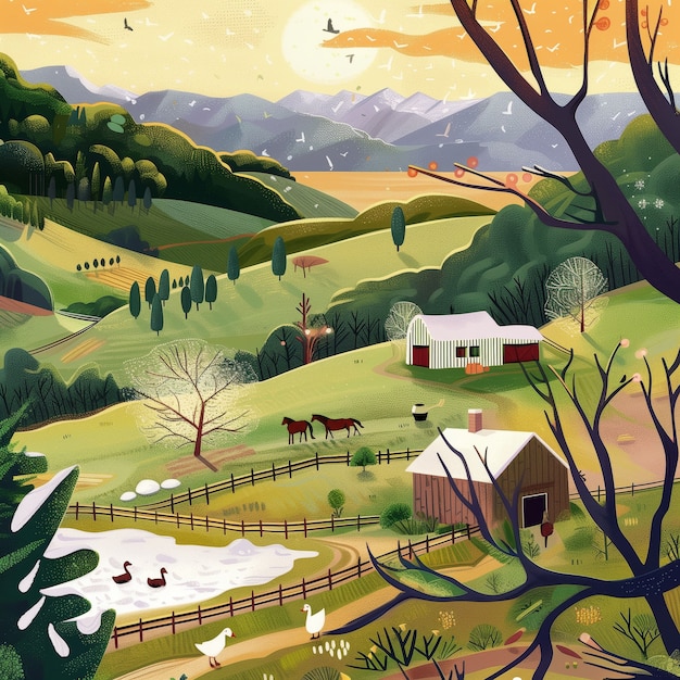 Ilustração de desenho animado de paisagem agrícola