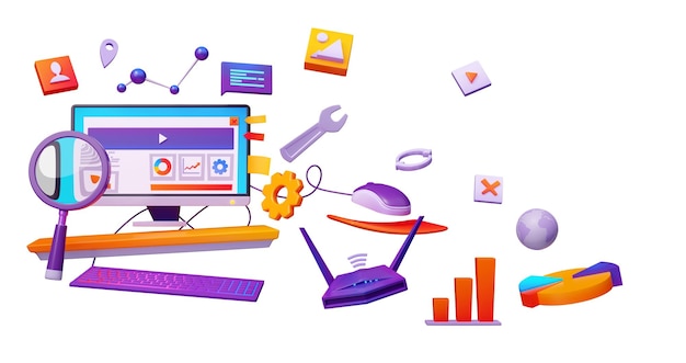 Ilustração de desenho animado de renderização 3d de otimização de SEO