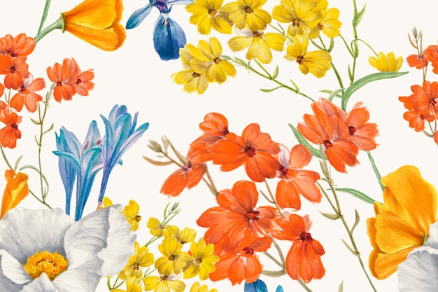 Ilustração de fundo de padrão desenhado à mão com flores coloridas, remixada de obras de arte de domínio público