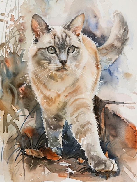 Ilustração de gato com aquarela adorável