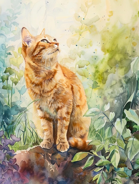 Ilustração de gato com aquarela adorável