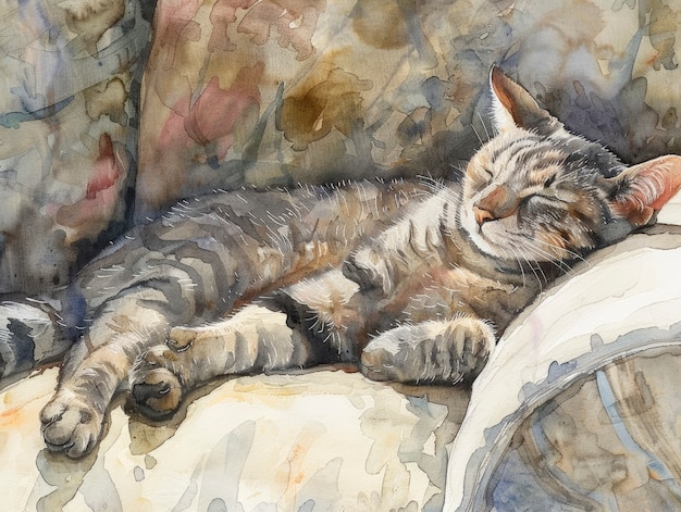 Ilustração de gato com aquarela adorável