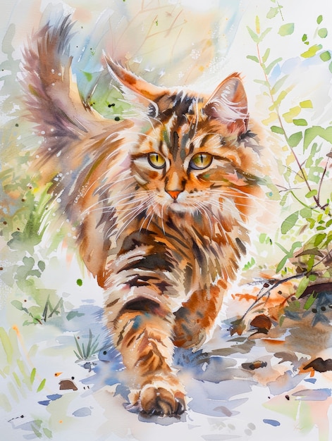 Ilustração de gato com aquarela adorável