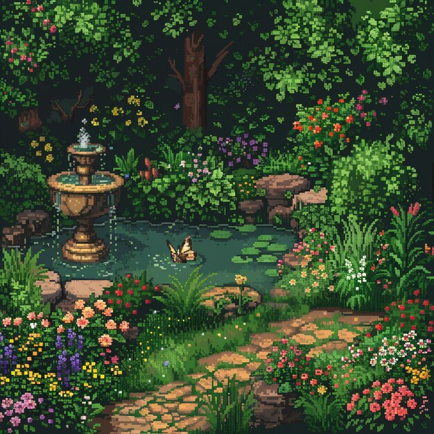 Ilustração de jardim floral em estilo pixel art