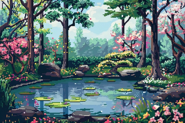 Ilustração de jardim floral em estilo pixel art