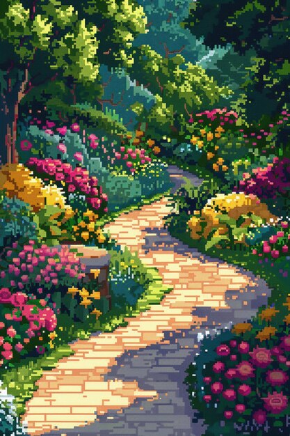 Ilustração de jardim floral em estilo pixel art