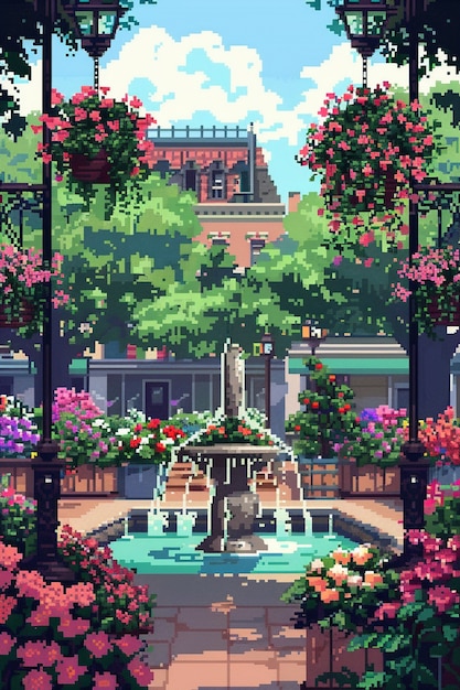 Ilustração de jardim floral em estilo pixel art