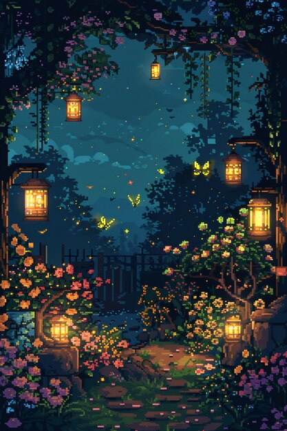 Ilustração de jardim floral em estilo pixel art