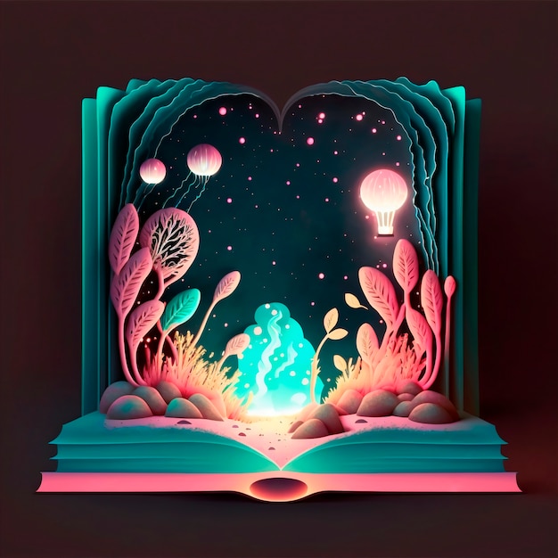 Ilustração de livro de conto de fadas mágico com luzes e plantas exóticas