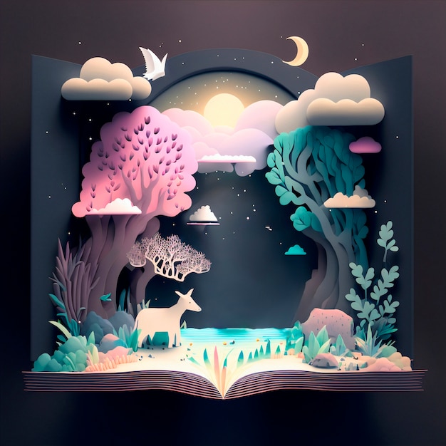Ilustração de livro de conto de fadas mágico com um cervo na floresta à noite
