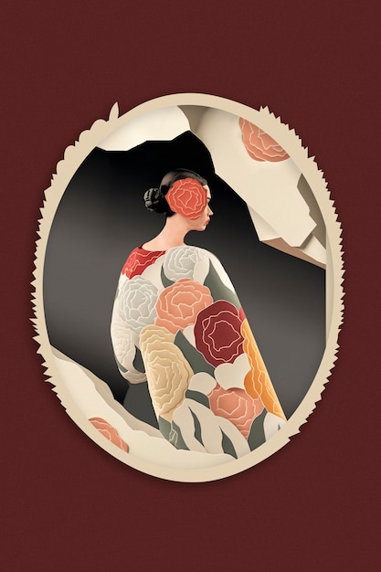 Ilustração de mulher com xale pardo em uma moldura