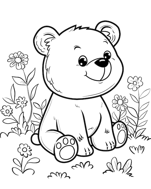 Ilustração de página de colorir de arte de linha monocromática de urso