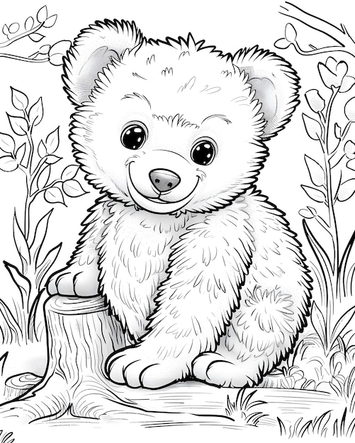 Ilustração de página de colorir de arte de linha monocromática de urso