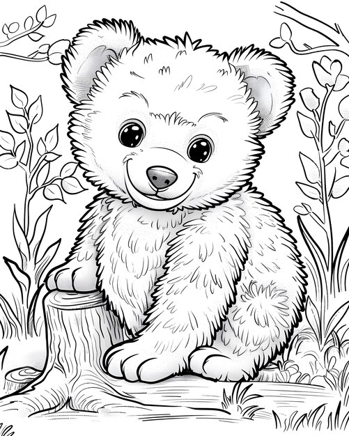 Ilustração de página de colorir de arte de linha monocromática de urso