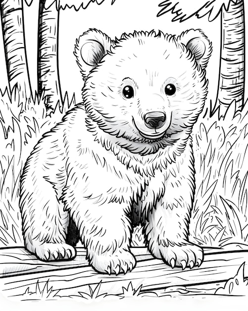 Ilustração de página de colorir de arte de linha monocromática de urso