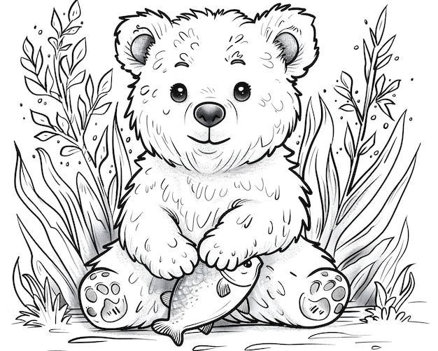Ilustração de página de colorir de arte de linha monocromática de urso