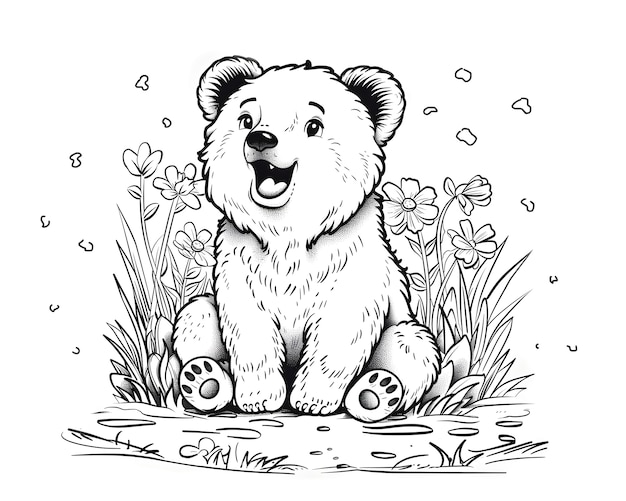 Ilustração de página de colorir de arte de linha monocromática de urso