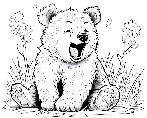 Ilustração de página de colorir de arte de linha monocromática de urso