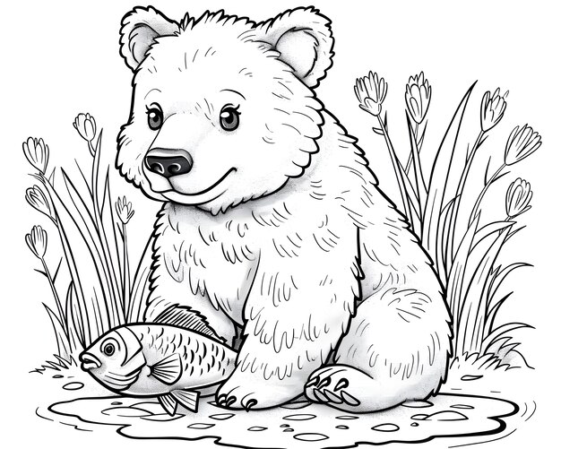 Ilustração de página de colorir de arte de linha monocromática de urso