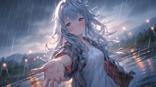 Ilustração de personagem de anime na chuva