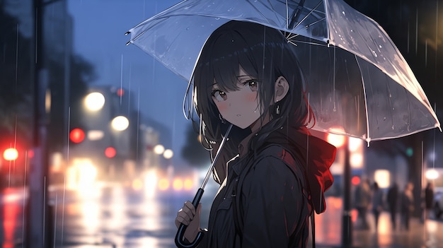 Ilustração de personagem de anime na chuva