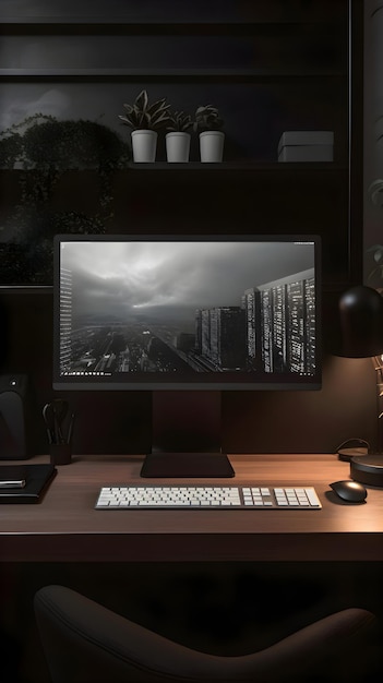Ilustração de renderização 3d de uma mesa de escritório moderna com um computador