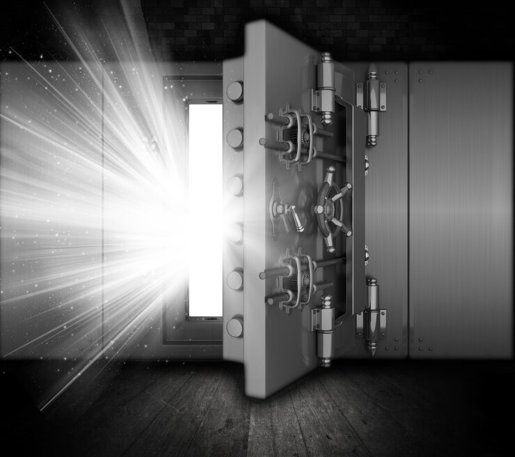 Foto grátis ilustração de um cofre de banco em um interior do grunge com feixes de luz que sai da porta aberta