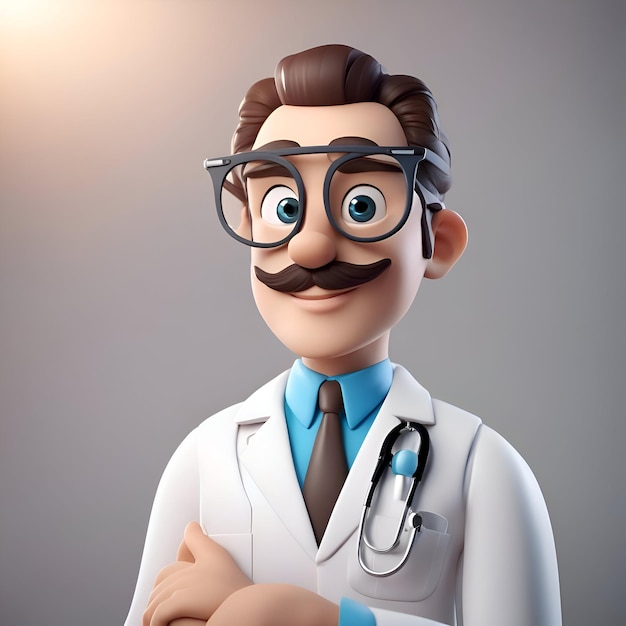 Ilustração renderizada em 3D de médico masculino com bigode e óculos