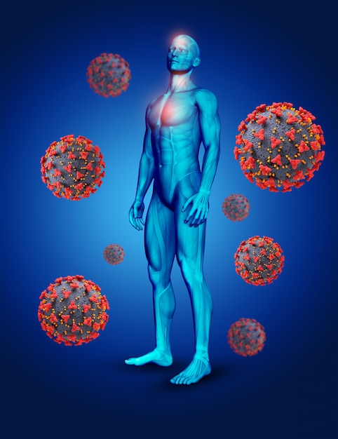Foto grátis ilustrações médicas 3d com figura masculina e células de vírus covid 19