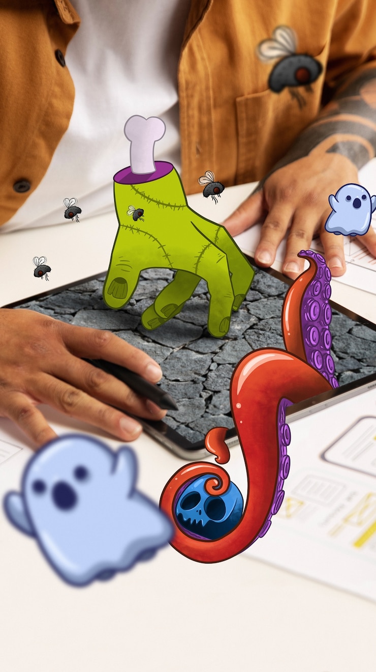 Foto grátis ilustrador de alto ângulo desenhando no ipad