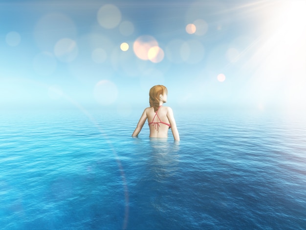 Imagem 3D feminina em um mar tropical