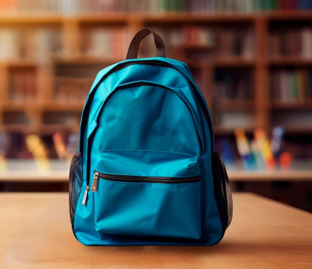 Foto grátis imagem da mochila azul no fundo desfocado da biblioteca