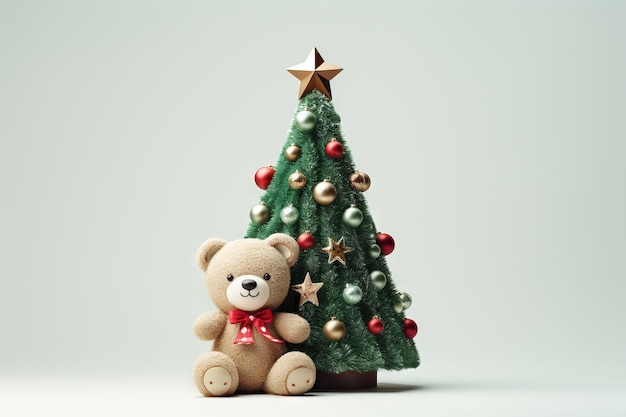 Foto grátis imagem de árvore de natal com urso de pelúcia em fundo branco