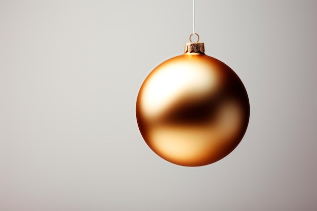 Imagem de bola de Natal dourada pendurada em fundo cinzento