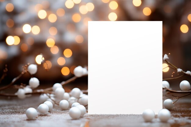 Imagem de cartão branco com decoração de bolas e ramos com luzes desfocadas no fundo