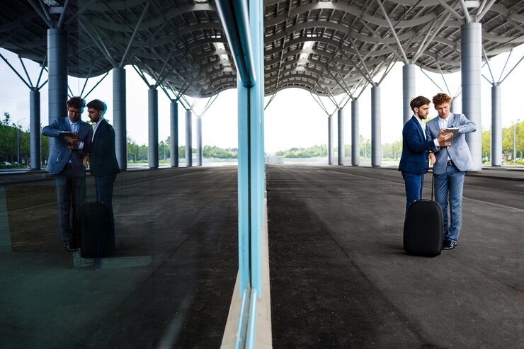 Foto grátis imagem de dois jovens empresários falando na estação e segurando o tablet refletido na janela