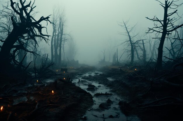 Imagem de Halloween de um rio escuro com árvores secas
