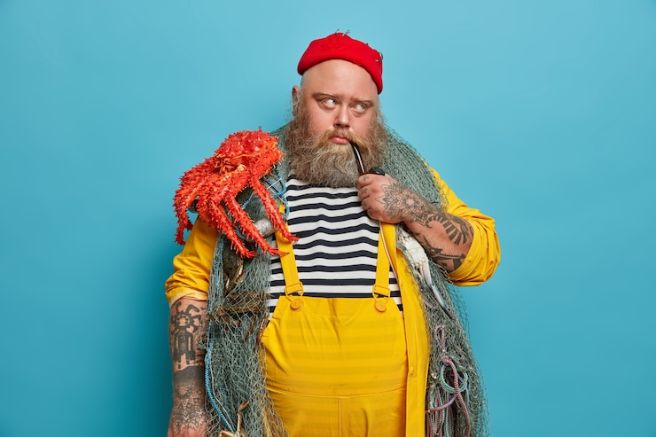 Foto grátis imagem de homem pensativo com ocupação marinha, fuma cachimbo com expressão pensativa e triste, posa com equipamento de pesca, carrega polvo, pensa na próxima viagem marítima ou aventura