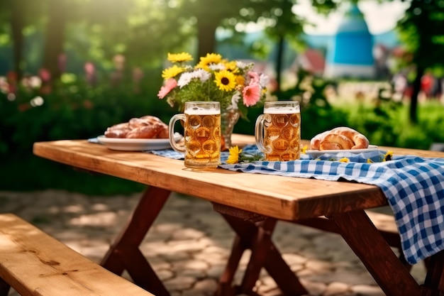 Imagem de mesa com comidas e cervejas com árvores ao fundo