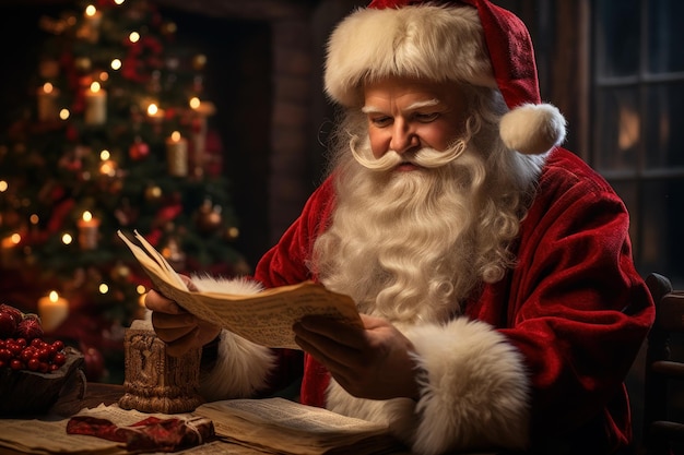 Imagem de papai noel lendo uma carta com uma árvore de natal ao fundo