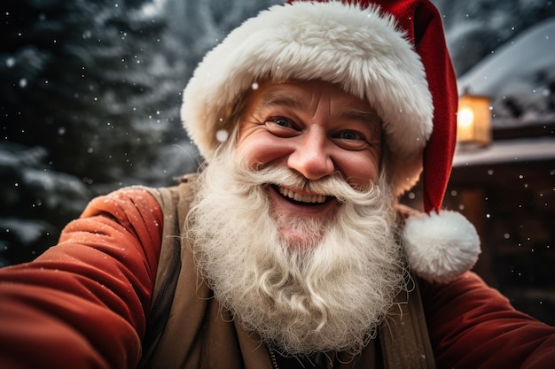 Foto grátis imagem de papai noel tirando uma foto sua com a floresta ao fundo