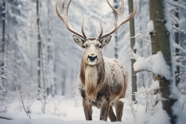 Imagem de renas olhando para frente com fundo de floresta nevada